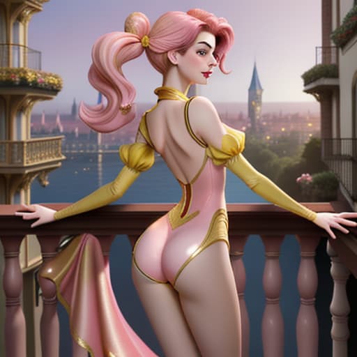  Anne Hathaway as Disney-like with amazing figures in bodytight,glittering,pink-yellow skinny short silk seen from the back showing some , deep over balcony of her palace