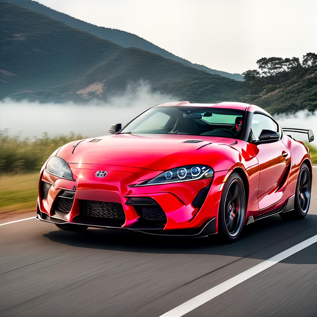  Toyota Supra hyperrealistic, full body, detailed clothing, highly detailed, cinematic lighting, stunningly beautiful, intricate, sharp focus, f/1. 8, 85mm, (centered image composition), (professionally color graded), ((bright soft diffused light)), volumetric fog, trending on instagram, trending on tumblr, HDR 4K, 8K