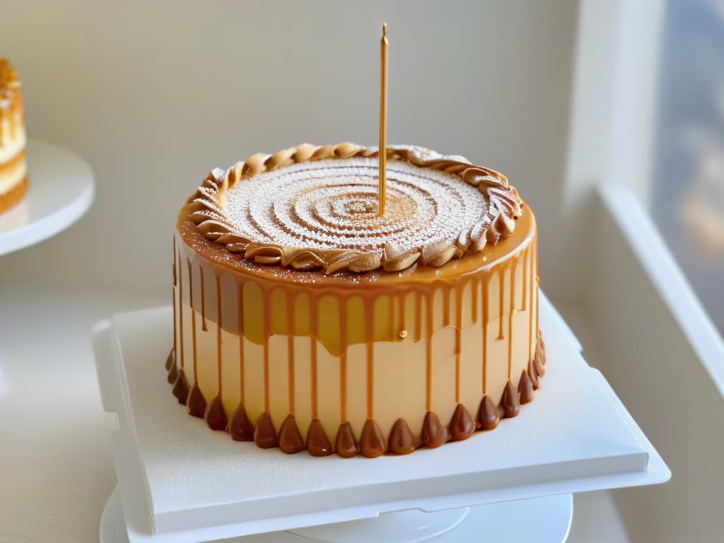  A closeup, ultradetailed image of a perfectly layered Dulce de Leche cake, showcasing the smooth and creamy texture of the filling in between moist cake layers. The cake is elegantly decorated with a drizzle of caramel sauce and a sprinkle of sea salt flakes on top, placed on a sleek and modern white cake stand, against a soft, blurred background to emphasize the dessert's simplicity and sophistication. hyperrealistic, full body, detailed clothing, highly detailed, cinematic lighting, stunningly beautiful, intricate, sharp focus, f/1. 8, 85mm, (centered image composition), (professionally color graded), ((bright soft diffused light)), volumetric fog, trending on instagram, trending on tumblr, HDR 4K, 8K