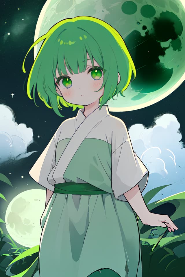  On the moon, a green haired character in the makumohana