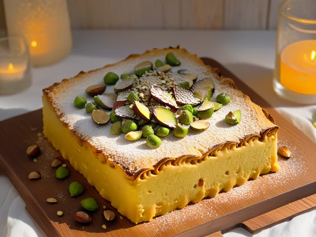  A closeup, photorealistic image of a freshly baked Hareeseh dessert, showcasing its goldenbrown, crispy semolina and almond crust, topped with a generous sprinkling of crushed almonds and pistachios. The dessert is placed on a rustic wooden board, surrounded by a dusting of powdered sugar, with a soft, warm light illuminating the textured surface of the dessert, highlighting its intricate details and inviting presentation. hyperrealistic, full body, detailed clothing, highly detailed, cinematic lighting, stunningly beautiful, intricate, sharp focus, f/1. 8, 85mm, (centered image composition), (professionally color graded), ((bright soft diffused light)), volumetric fog, trending on instagram, trending on tumblr, HDR 4K, 8K