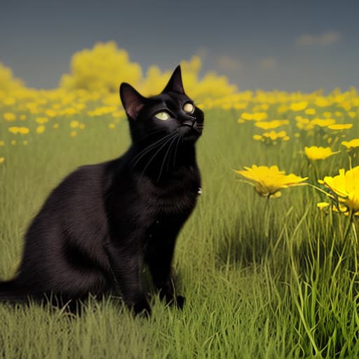 redshift style A black cat in a field of flowers with yellow eyes