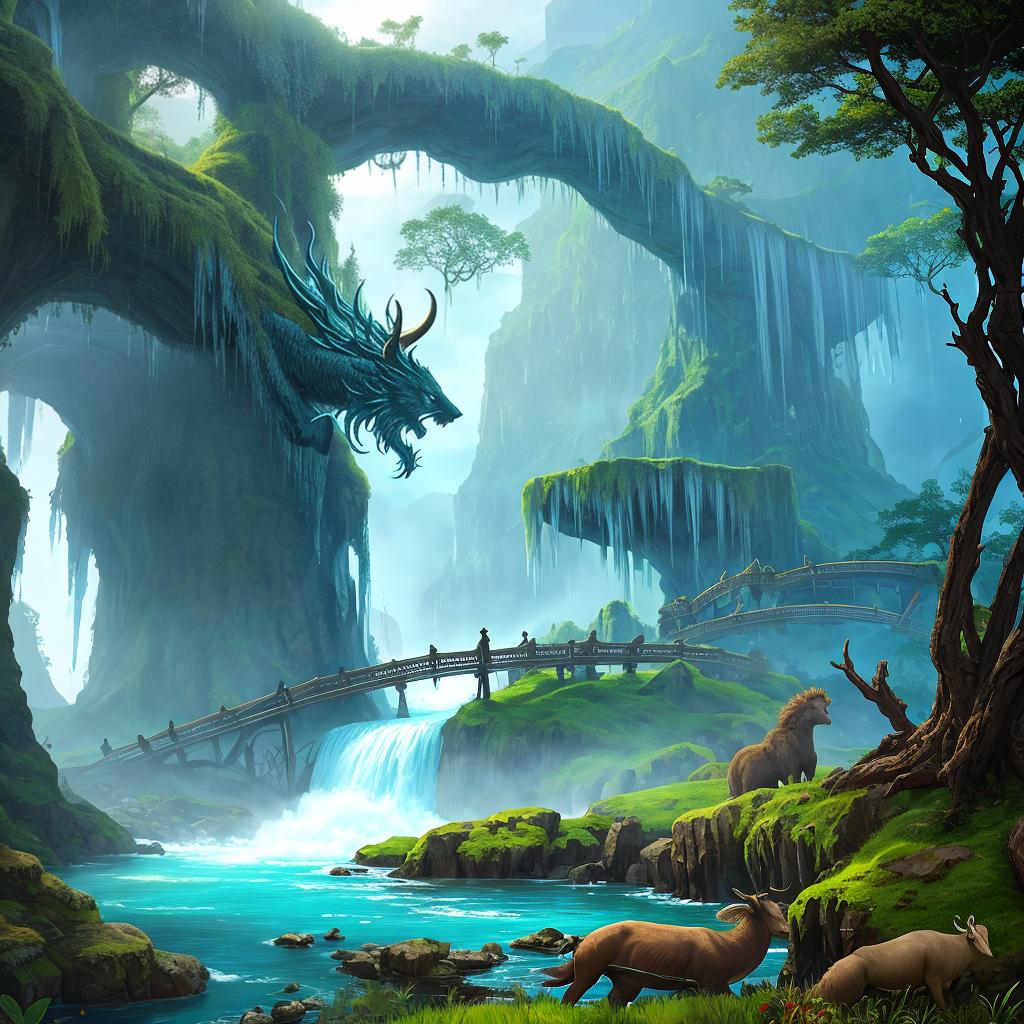  in a fantasy setting, Paint a surreal landscape where mythical beasts roam amidst cascading waterfalls.