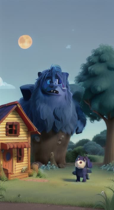  {Max walking back towards the cozy little house with droopy eyes, as twilight falls, The big blue dog is large with sky blue fur, big round eyes, a black nose, and floppy ears.