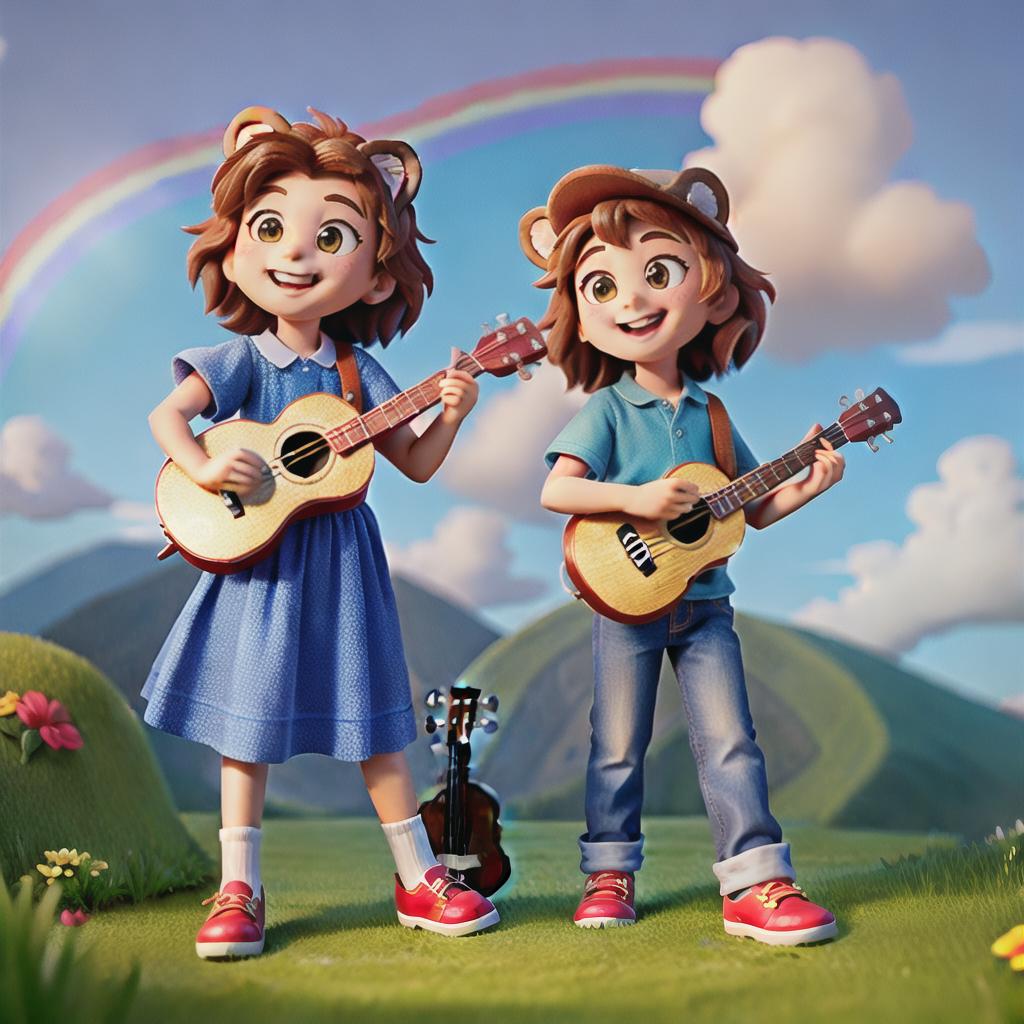  Masterpiece, best quality, little lion with ukulele in hand, smile, big eyes, valley, rainbow in the sky, musical notes