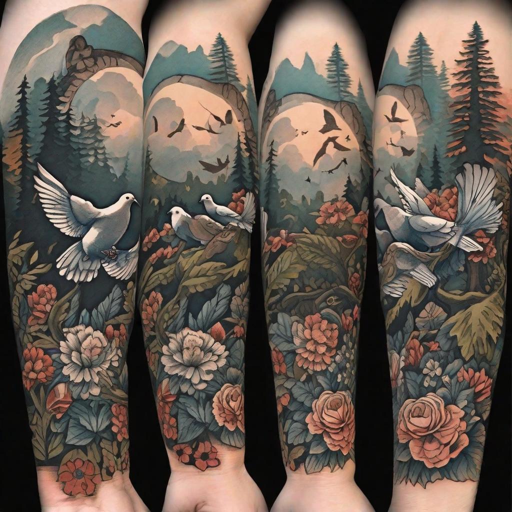  masterpiece, best quality, Upper arm sleeve with 3 doves, 3 pocket clocks with ribbons for names, add in wild forest as background