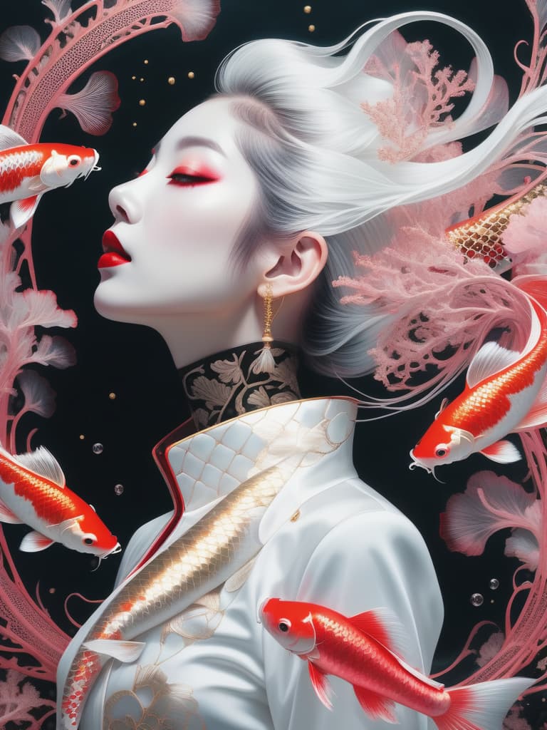  photo RAW, (Black, dark red and neon pink : Portrait of 2 ghostly long tailed white koi, woman, shiny aura, highly detailed, gold and coral filigree, intricate motifs, organic tracery, Januz Miralles, Hikari Shimoda, glowing stardust by W. Zelmer, perfect composition, smooth, sharp focus, sparkling particles, lively coral reef background Realistic, realism, hd, 35mm photograph, 8k), masterpiece, award winning photography, natural light, perfect composition, high detail, hyper realistic