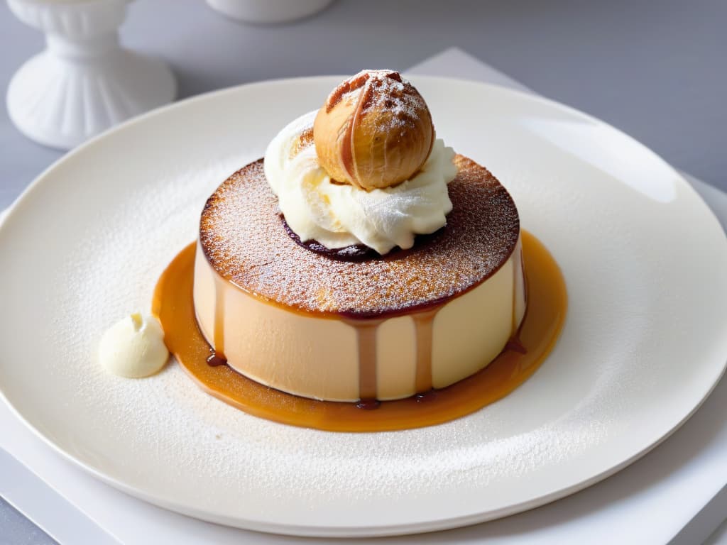  A highresolution closeup image of a goldenbrown torrija, perfectly caramelized, resting elegantly on a sleek white plate. The torrija is topped with a scoop of creamy vanilla ice cream, slightly melting and creating a glistening effect. The focus is on the textures and colors of the dessert, showcasing the contrast between the warm, crispy torrija and the smooth, cold ice cream, inviting the viewer to indulge in this luxurious treat. hyperrealistic, full body, detailed clothing, highly detailed, cinematic lighting, stunningly beautiful, intricate, sharp focus, f/1. 8, 85mm, (centered image composition), (professionally color graded), ((bright soft diffused light)), volumetric fog, trending on instagram, trending on tumblr, HDR 4K, 8K