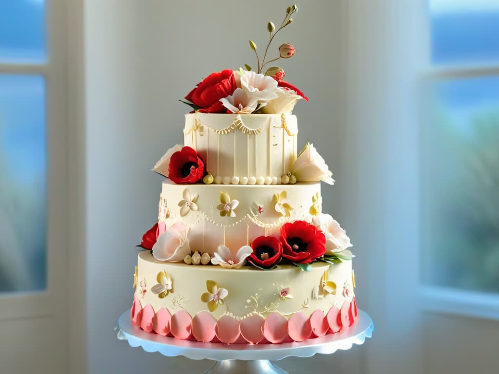  A closeup, ultradetailed image of a beautifully decorated threetiered wedding cake, featuring intricate sugar flowers in various shades of pink and white, delicate piping work, and shimmering edible gold accents. The cake is displayed on a grand, ornate silver cake stand, set against a softfocus background to enhance the intricate details of the cake's decorations. hyperrealistic, full body, detailed clothing, highly detailed, cinematic lighting, stunningly beautiful, intricate, sharp focus, f/1. 8, 85mm, (centered image composition), (professionally color graded), ((bright soft diffused light)), volumetric fog, trending on instagram, trending on tumblr, HDR 4K, 8K