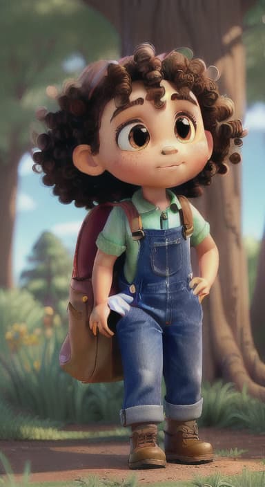  {The tree shining brightly and releasing a gentle, magical light., Riley, a curious with big brown eyes and curly hair, wearing overalls and carrying a small backpack. Their friend, Skye, a bluebird with shiny feathers.