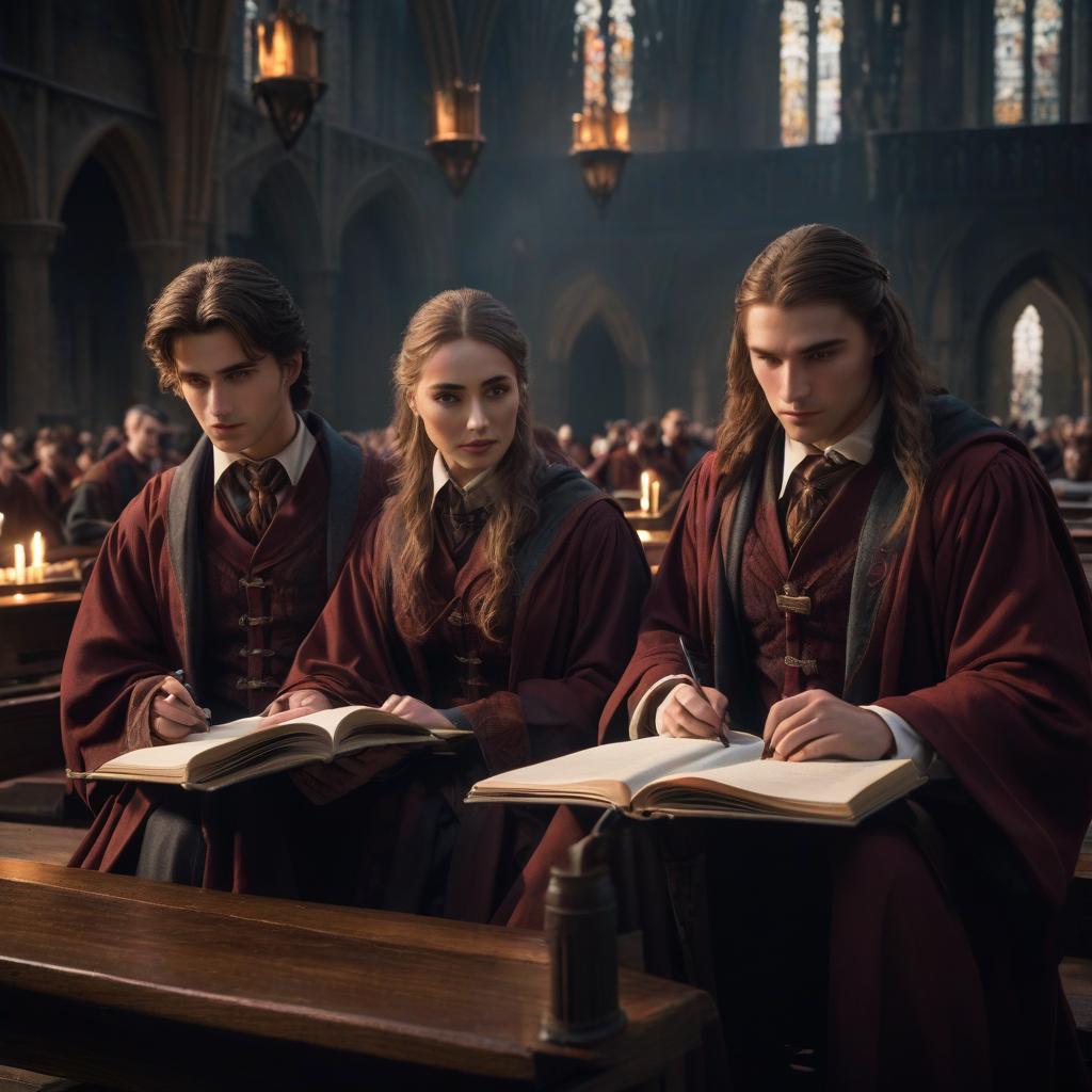  Two first year students of Hogwarts sit with notebooks. Highly detailed faces. hyperrealistic, full body, detailed clothing, highly detailed, cinematic lighting, stunningly beautiful, intricate, sharp focus, f/1. 8, 85mm, (centered image composition), (professionally color graded), ((bright soft diffused light)), volumetric fog, trending on instagram, trending on tumblr, HDR 4K, 8K