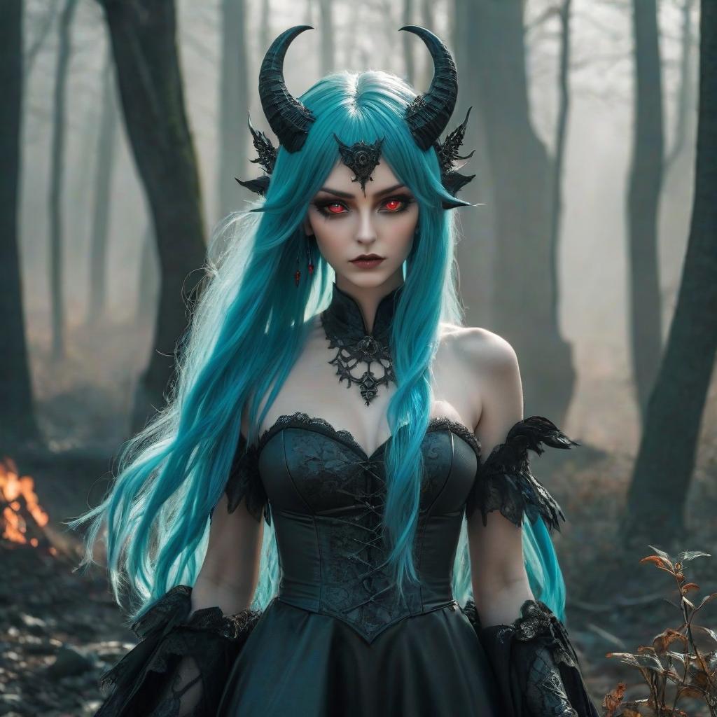  30 year, , demon, , turquoise hair, long hair, posing, nature, medium lighting, gothic style, red eyes hyperrealistic, full body, detailed clothing, highly detailed, cinematic lighting, stunningly beautiful, intricate, sharp focus, f/1. 8, 85mm, (centered image composition), (professionally color graded), ((bright soft diffused light)), volumetric fog, trending on instagram, trending on tumblr, HDR 4K, 8K