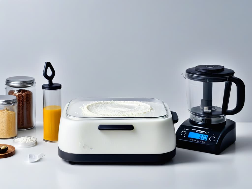  A sleek, minimalistic image featuring a pristine white marble countertop adorned with an array of essential vacuum sealing tools for baking. Prominently displayed are a highquality vacuum sealer with a sleek design, a set of precision measuring spoons, a digital kitchen scale, and a stack of vacuumsealed ingredients like flour, sugar, and chocolate chips. The soft, natural lighting enhances the elegance of the scene, creating a visually appealing and aspirational image that conveys the essence of starting out in the art of vacuumsealed baking. hyperrealistic, full body, detailed clothing, highly detailed, cinematic lighting, stunningly beautiful, intricate, sharp focus, f/1. 8, 85mm, (centered image composition), (professionally color graded), ((bright soft diffused light)), volumetric fog, trending on instagram, trending on tumblr, HDR 4K, 8K