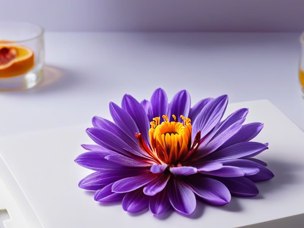  A stunning, minimalist image of a delicate saffron flower, with vibrant red stigmas standing out against the soft purple petals. The image is captured up close, showcasing the intricate details of the flower and emphasizing the elegance and uniqueness of saffron as a key ingredient in pastry recipes. hyperrealistic, full body, detailed clothing, highly detailed, cinematic lighting, stunningly beautiful, intricate, sharp focus, f/1. 8, 85mm, (centered image composition), (professionally color graded), ((bright soft diffused light)), volumetric fog, trending on instagram, trending on tumblr, HDR 4K, 8K