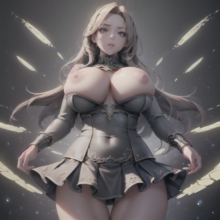  (8K, high resolution), (masterpiece, best quality:1.2), highres, perfect anatomy,huge tits miniskirt fully clothed,light particles, soft lighting, volumetric lighting, intricate details, finely detailed