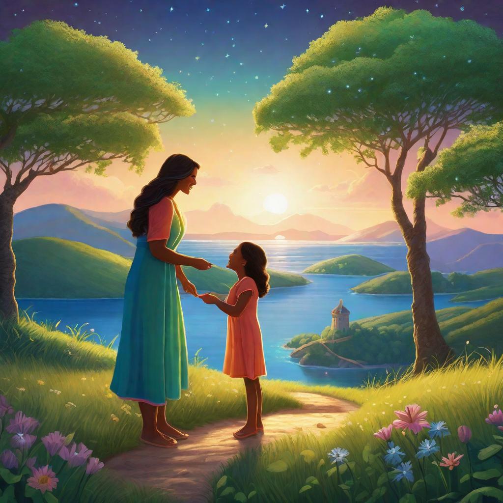  Prompt: A mother and her child are standing on a peaceful, green island under a clear blue sky. They have just found a luminous stone and are excitedly preparing to make their wishes. The stone has an enchanting glow and is nestled safely in the child's hands. They gaze at each other with joyful eyes and prepare to make their wish. However, a noticeable obstacle stands in their way – depicted in the scene as a magically sealed box that their found stone is supposed to open. They are puzzled and a bit annoyed, but neither fear nor panic is present - only pure curiosity and anticipation of adventure. The overall image is colorful, bright, and evokes a sense of magical wonder. This scene is warm and welcoming, vivid with the mother’s lov hyperrealistic, full body, detailed clothing, highly detailed, cinematic lighting, stunningly beautiful, intricate, sharp focus, f/1. 8, 85mm, (centered image composition), (professionally color graded), ((bright soft diffused light)), volumetric fog, trending on instagram, trending on tumblr, HDR 4K, 8K