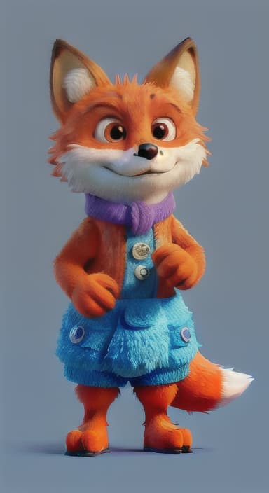  {Error the fox pressing the blue button with his paw, looking puzzled as nothing occurs., Error is a small, bright orange fox with a fluffy tail and big, inquisitive eyes. He has a mischievous yet kind expression and wears a tiny green scarf.