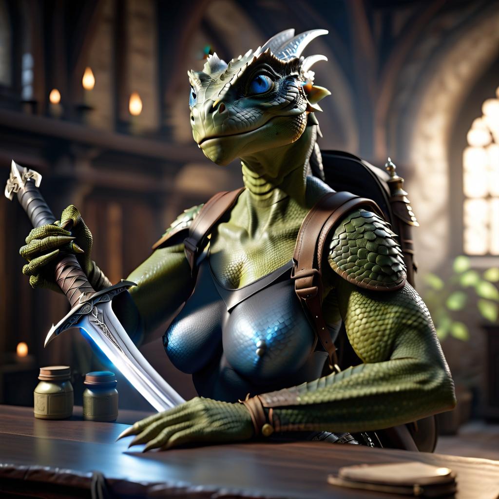  a woman, naked Argonian, with blue eyes, ash colored scales, a two handed sword on her back with a rapier and a backpack in the corner of the room hyperrealistic, full body, detailed clothing, highly detailed, cinematic lighting, stunningly beautiful, intricate, sharp focus, f/1. 8, 85mm, (centered image composition), (professionally color graded), ((bright soft diffused light)), volumetric fog, trending on instagram, trending on tumblr, HDR 4K, 8K