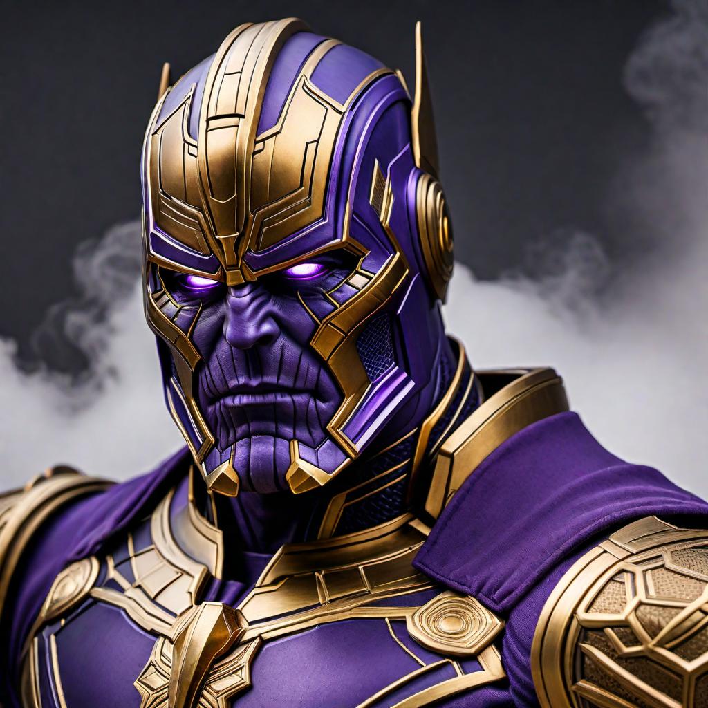  Design a Thanos superhero goalie mask. The mask should incorporate iconic features of Thanos such as his armored helmet, purple skin tones, and the Infinity Gauntlet. The mask should look intimidating, with sharp lines and a fierce expression. Include vibrant colors like gold, purple, and blue to make the mask stand out. hyperrealistic, full body, detailed clothing, highly detailed, cinematic lighting, stunningly beautiful, intricate, sharp focus, f/1. 8, 85mm, (centered image composition), (professionally color graded), ((bright soft diffused light)), volumetric fog, trending on instagram, trending on tumblr, HDR 4K, 8K