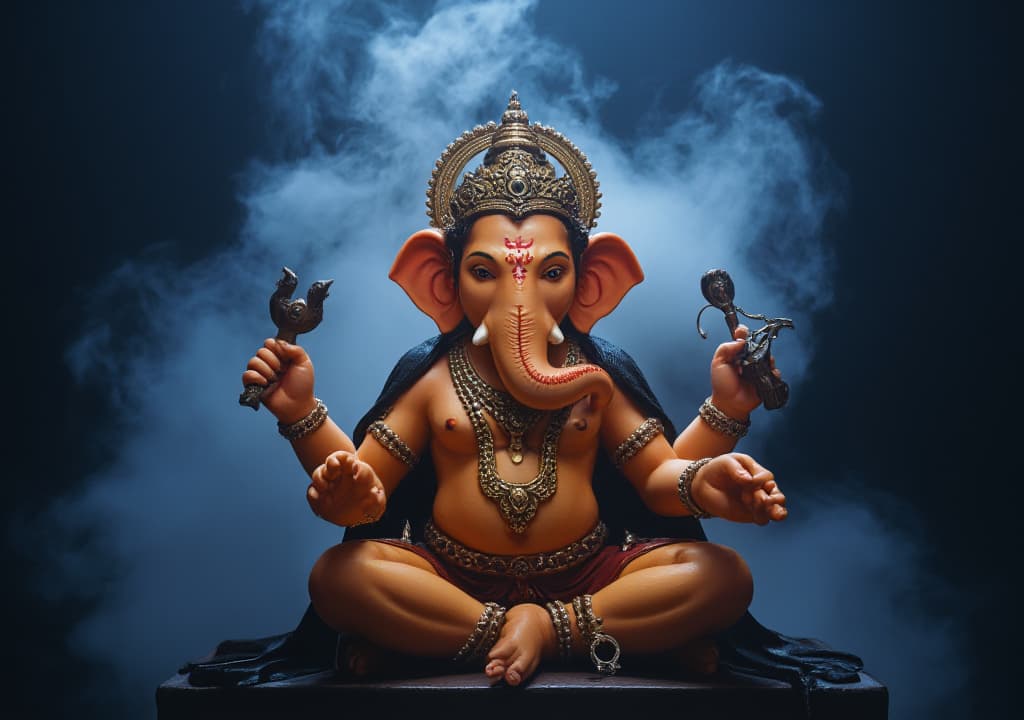  good quality, high quality, this image shows a vibrant depiction of the hindu deity cute ganesha. he is portrayed in a traditional sitting posture, adorned with ornate jewelry and a crown. his body is a soft orange, and his attire includes black and white garments. his multiple arms carry symbols and objects, indicative of his various powers and blessings. the background is dark, creating a dramatic contrast with a smoky blue aura behind the figure, adding to the divine and mystical effect, sharp focus, f/1. 8, 85mm, (centered image composition), (professionally color graded), ((bright soft diffused light)), volumetric fog, trending on instagram, trending on tumblr, hdr 4k, 8k hyperrealistic, full body, detailed clothing, highly detailed, c