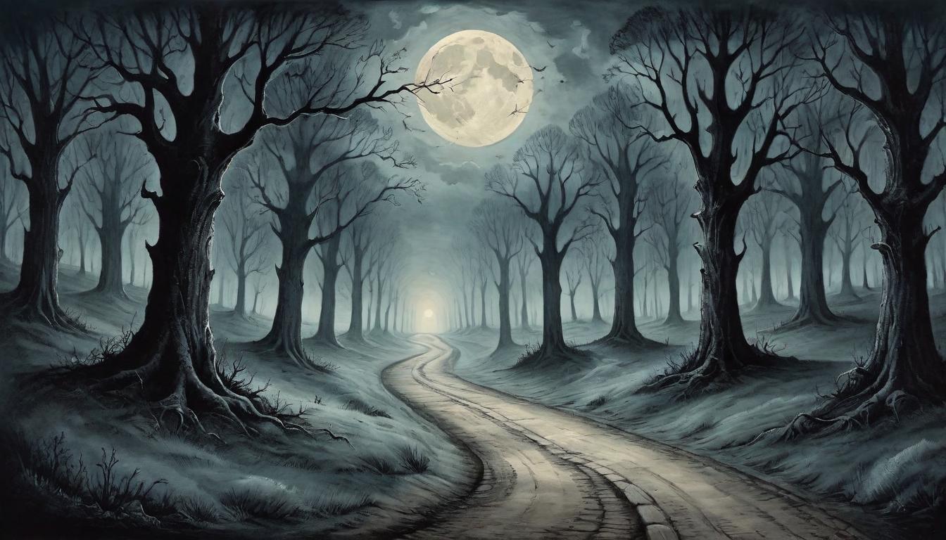  on parchment, surrealism+++, Dark road leading to an unknown destination, moonlight illuminating the path, shadows cast by trees, eerie and mysterious, sense of anticipation and uncertainty(mysterious, provocative, symbolic,muted color)+++