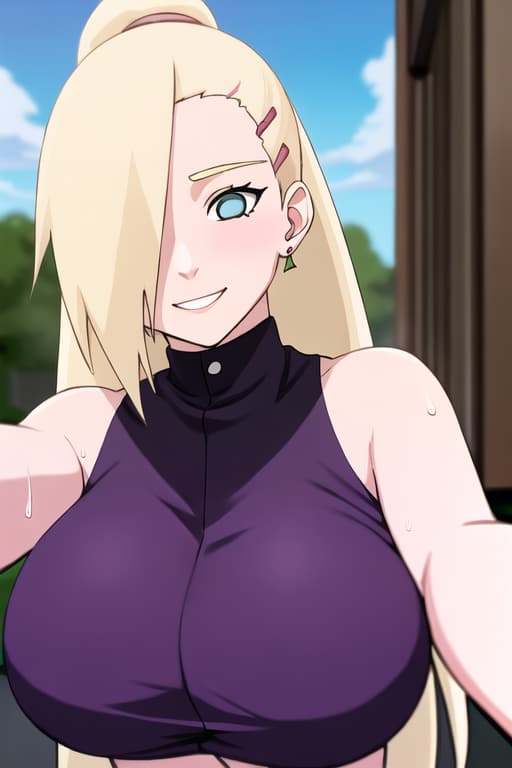  (yamanaka_ino:1.2), hair down,(masterpiece, best quality:1.2), illustration, absurdres, highres, extremely detailed,looking_front,,,,from below,(extremely detailed face) (very detailed and expressive eyes),finely detailed finely detailed,(selfie),1girl,exhibitionism, clothes clothes lift,out juice sweating ,looking at viewer outdoor day,changpao,top-down bottom-up,ecstasy face