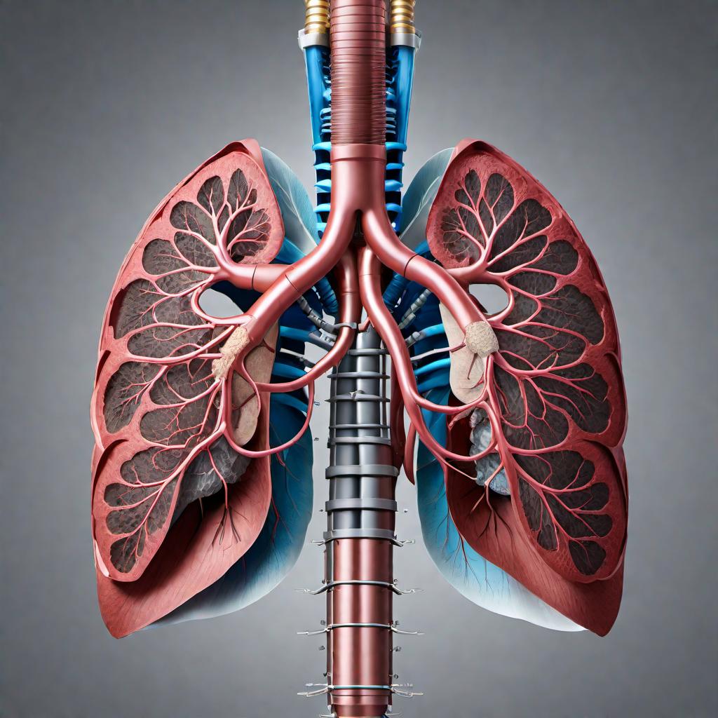  An anatomical illustration showing the respiratory system with a focus on the lungs. The illustration should be detailed, with the bronchial tubes and alveoli structures visible. The lungs should be prominent, clearly showing the path of airflow and where it reaches within the lung tissues. hyperrealistic, full body, detailed clothing, highly detailed, cinematic lighting, stunningly beautiful, intricate, sharp focus, f/1. 8, 85mm, (centered image composition), (professionally color graded), ((bright soft diffused light)), volumetric fog, trending on instagram, trending on tumblr, HDR 4K, 8K