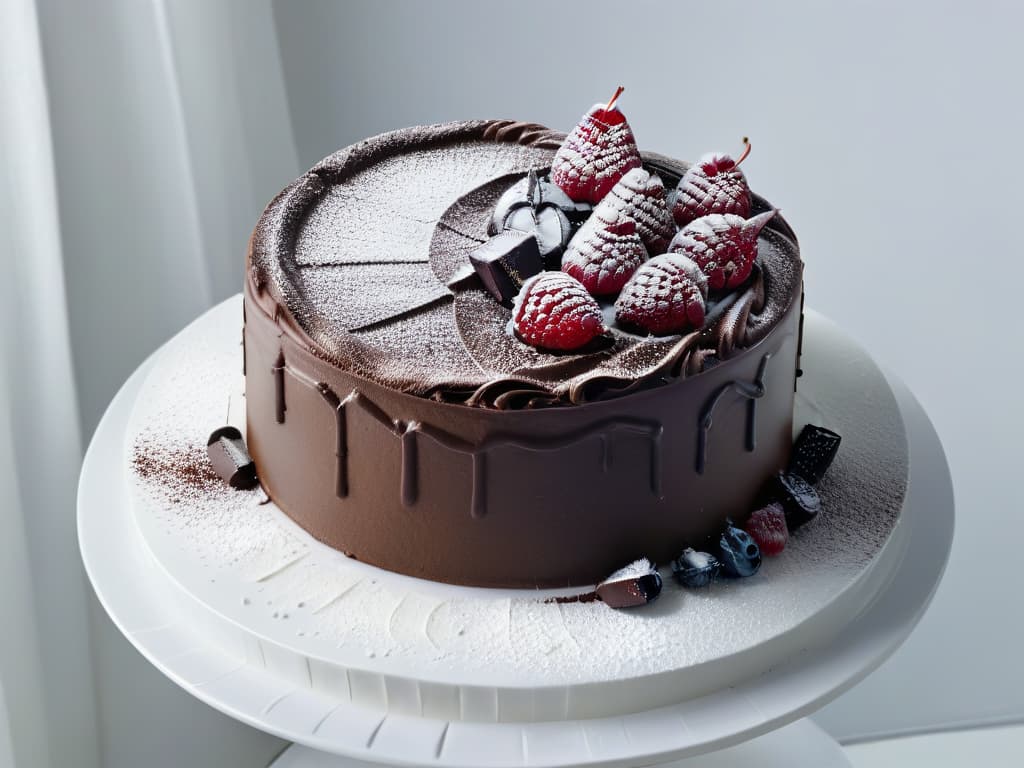  A closeup, ultradetailed image of a perfectly frosted glutenfree chocolate cake, decorated with fresh raspberries and a dusting of powdered sugar on a sleek, modern white cake stand. The frosting is smooth and glossy, reflecting the soft lighting in the room, highlighting the intricate swirls and peaks. The raspberries glisten with freshness, each tiny seed visible, and the powdered sugar delicately blankets the dessert, creating a stunning contrast against the rich, dark chocolate cake. The overall composition is elegant, minimalist, and visually striking, showcasing the beauty and artistry of glutenfree baking. hyperrealistic, full body, detailed clothing, highly detailed, cinematic lighting, stunningly beautiful, intricate, sharp focus, f/1. 8, 85mm, (centered image composition), (professionally color graded), ((bright soft diffused light)), volumetric fog, trending on instagram, trending on tumblr, HDR 4K, 8K