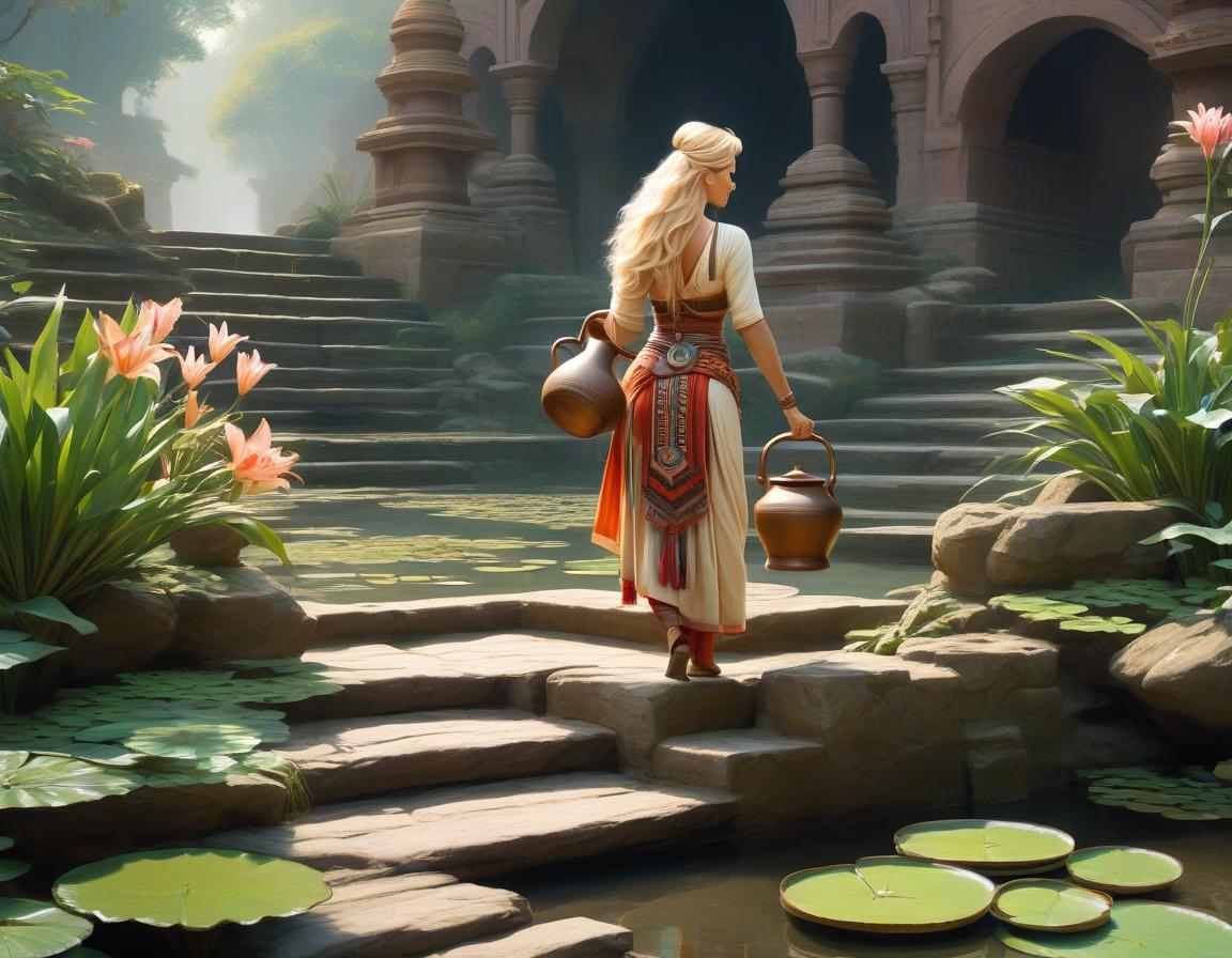  Visual art of the place where inventions and adventures feel, a detailed and deep depiction. A blonde in tribal clothing descends the steps with a clay pitcher to the lily filled pond. A faint haze behind. Use only three colors and their variations. [Here](https://www.researchgate.net/publication/347408985/figure/fig1/AS:4077417492683281/Figure 2 An example of creating a water color painting of a scene depicting inventions and adventures with only three colors and their) is an example of creating a watercolor painting of a scene depicting inventions and adventures with only three colors and their variations. [Here](https://www.youtube.com/watch?v=WOA2S–Igo1w) is a video that demonstrates how to create a painting using three colors. [Here] hyperrealistic, full body, detailed clothing, highly detailed, cinematic lighting, stunningly beautiful, intricate, sharp focus, f/1. 8, 85mm, (centered image composition), (professionally color graded), ((bright soft diffused light)), volumetric fog, trending on instagram, trending on tumblr, HDR 4K, 8K