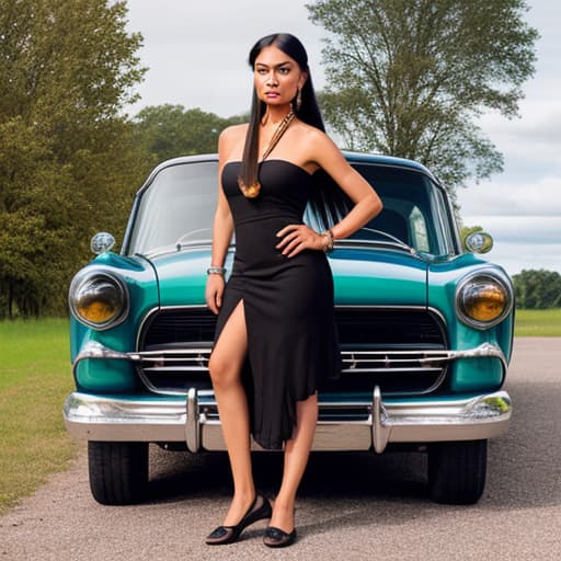  Pocahontas standing as a model wearing biege dress infront of black classic car