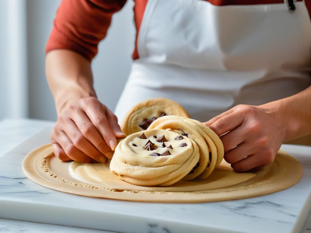  A closeup, ultradetailed image of a visually impaired baker's hands expertly shaping cookie dough on a sleek, modern marble countertop. The focus is on the intricate movements of the hands and the texture of the dough, captured in stunning clarity and detail. The image conveys a sense of determination, skill, and inclusivity, exemplifying the beauty and precision of inclusive baking practices. hyperrealistic, full body, detailed clothing, highly detailed, cinematic lighting, stunningly beautiful, intricate, sharp focus, f/1. 8, 85mm, (centered image composition), (professionally color graded), ((bright soft diffused light)), volumetric fog, trending on instagram, trending on tumblr, HDR 4K, 8K