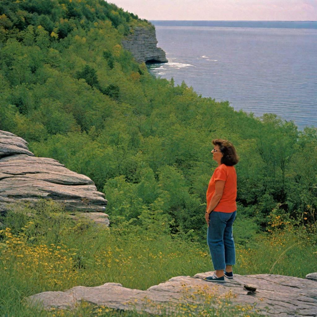  masterpiece, best quality, a woman, about 5'6" and 150 pounds, a bit muscular, wearing a shirt and jeans. Standing in front of the woody and cliffy Bruce Peninsula of the Niagara Escarpment, looking over her shoulder at the viewer, for a mystery fiction novel. Photorealistic, 35mm film camera, 4k