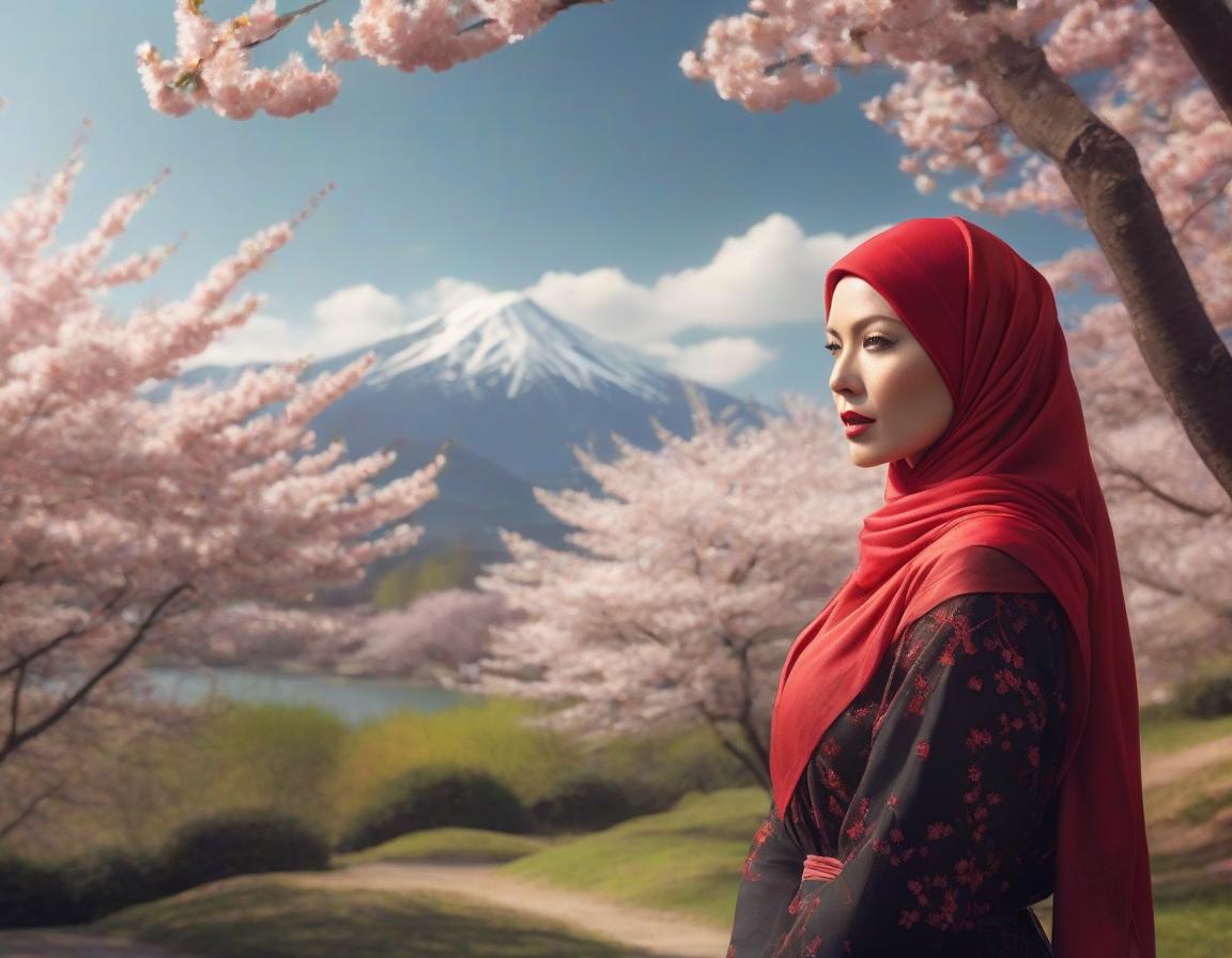  A digital art portrait of a woman with a red headscarf, cherry blossoms in her hair, and serene landscape in the background. hyperrealistic, full body, detailed clothing, highly detailed, cinematic lighting, stunningly beautiful, intricate, sharp focus, f/1. 8, 85mm, (centered image composition), (professionally color graded), ((bright soft diffused light)), volumetric fog, trending on instagram, trending on tumblr, HDR 4K, 8K