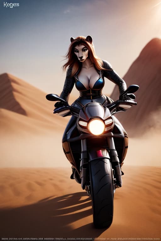 In the Mongolian desert in 1002, a leopard girl rides a motorbike through the long wind and sand hyperrealistic, full body, detailed clothing, highly detailed, cinematic lighting, stunningly beautiful, intricate, sharp focus, f/1. 8, 85mm, (centered image composition), (professionally color graded), ((bright soft diffused light)), volumetric fog, trending on instagram, trending on tumblr, HDR 4K, 8K