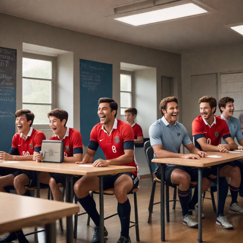  A humorous scene set in a clroom with wood desks and a blackboard. Two age boys, Michael and John, are sitting uncomfortably in their seats after a paddling, squirming with exaggerated expressions of discomfort. The clroom door is open, their handsome, strict, and cool soccer coach, Coach Anderson, talking to two fathers in the hallway. The fathers are holding paddles and laughing, recalling their own soccer days. The atmosphere is lighthearted despite the disciplinary context, with the coach smiling knowingly and other students king in, snickering quietly. The overall vibe is comedic with an undertone of lessons about discipline and respect. hyperrealistic, full body, detailed clothing, highly detailed, cinematic lighting, stunningly beautiful, intricate, sharp focus, f/1. 8, 85mm, (centered image composition), (professionally color graded), ((bright soft diffused light)), volumetric fog, trending on instagram, trending on tumblr, HDR 4K, 8K