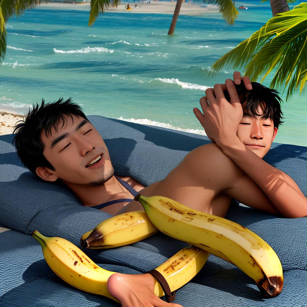  masterpiece, best quality, A boy at the beach eating a banana and lying on the beach with the sun rays on his face best quality 8k resolution