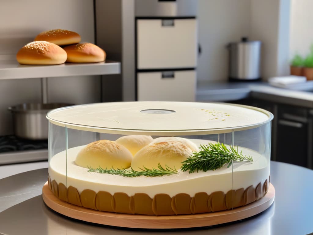  A highresolution, minimalist image of a sleek, modern home kitchen counter with a compact, stainless steel homemade dough fermenter placed prominently in the center. The fermenter is transparent, showcasing the bubbling dough inside, surrounded by neatly arranged artisan bread loaves, fresh herbs, and a small bowl of flour. The background is softly blurred to emphasize the fermenter, creating a serene and professional atmosphere perfect for inspiring home chefs to elevate their bread and pastrymaking skills. hyperrealistic, full body, detailed clothing, highly detailed, cinematic lighting, stunningly beautiful, intricate, sharp focus, f/1. 8, 85mm, (centered image composition), (professionally color graded), ((bright soft diffused light)), volumetric fog, trending on instagram, trending on tumblr, HDR 4K, 8K