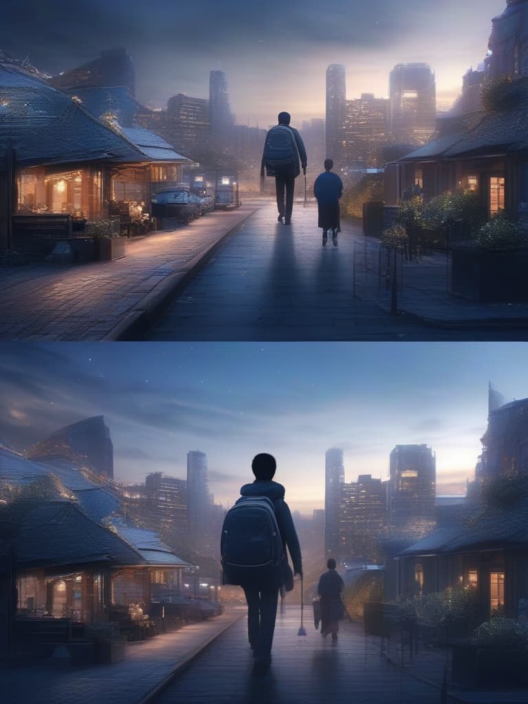  The background is urban town, building group, a little star, a young man walking alone, back,, masterpiece, best quality,8k,ultra detailed,high resolution,an extremely delicate and beautiful,hyper detail