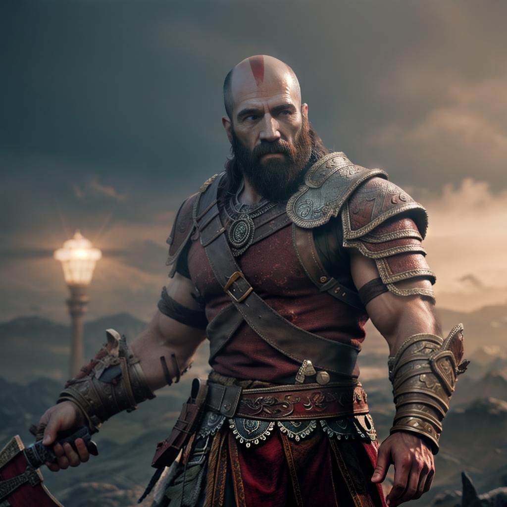  God of war hyperrealistic, full body, detailed clothing, highly detailed, cinematic lighting, stunningly beautiful, intricate, sharp focus, f/1. 8, 85mm, (centered image composition), (professionally color graded), ((bright soft diffused light)), volumetric fog, trending on instagram, trending on tumblr, HDR 4K, 8K