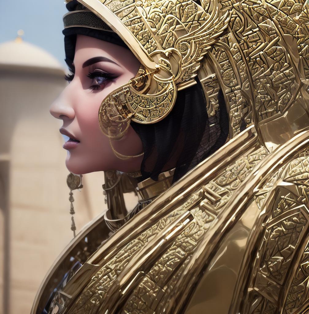  ((Side view:1.8)), ((masterpiece)),(((best quality))), ((futuristic empress, mature face, ((middle eastern eyes:1.4)), ((gold futuristic gown)), (((intricate futuristic breastplate))),