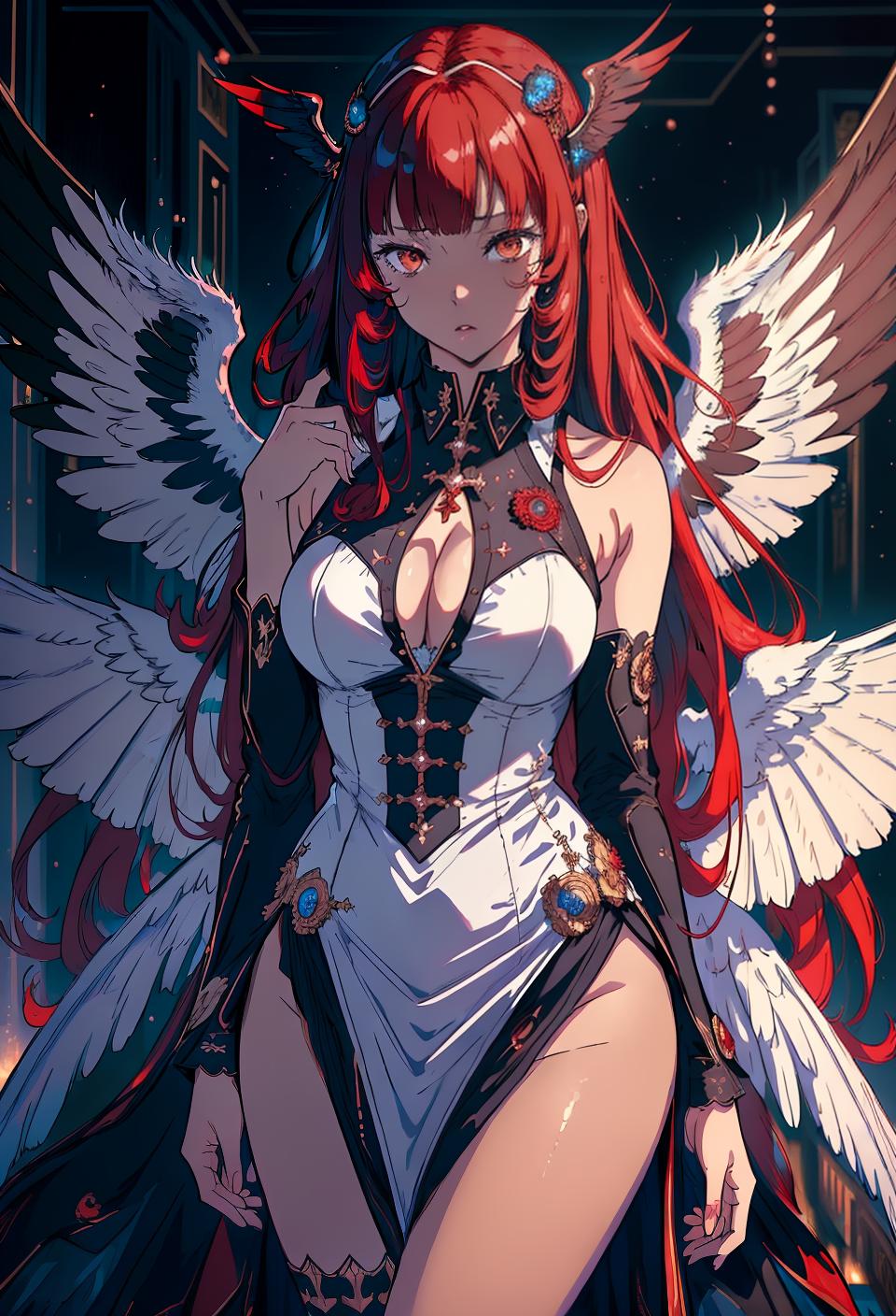  ((trending, highres, masterpiece, cinematic shot)), 1girl, mature, female formal wear, large, cosmic horror scene, very long curly red hair, blunt bangs, large white eyes, impulsive personality, bored expression, wings, very dark skin, epic, observant