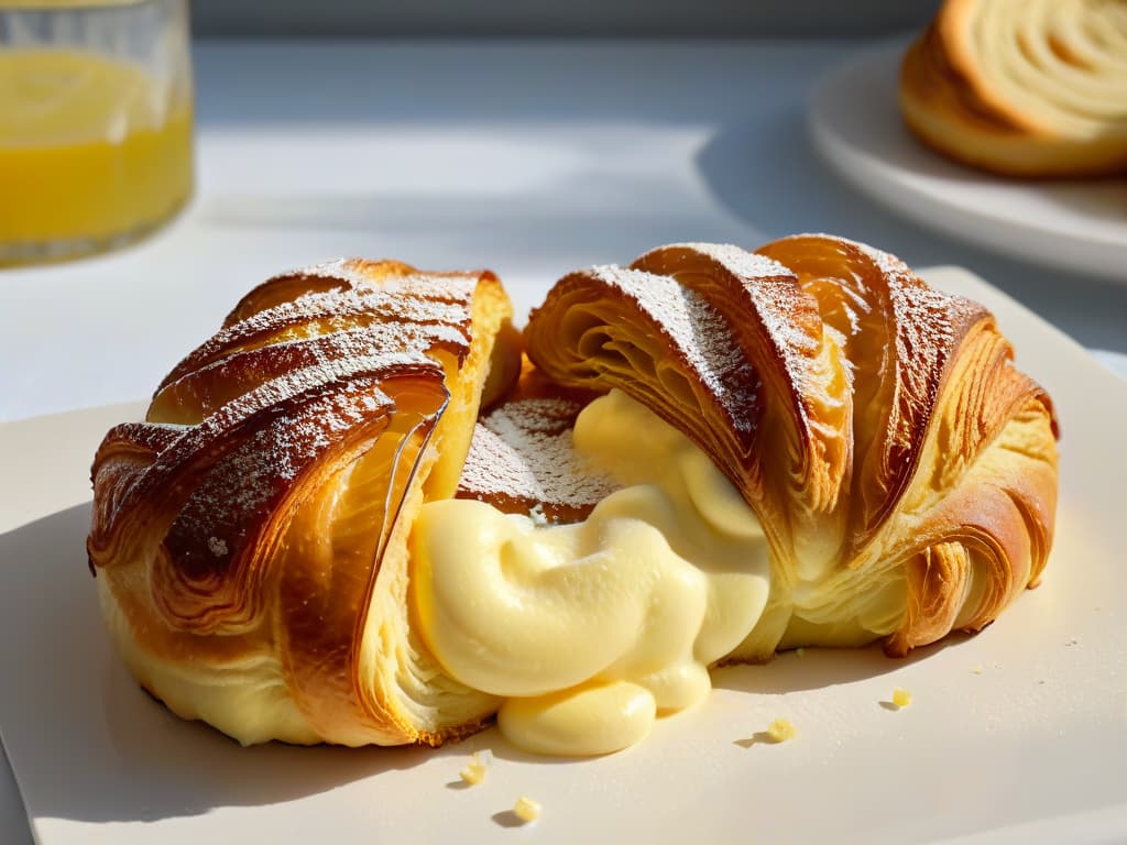  A closeup, ultradetailed image of a golden, creamy dollop of ghee slowly melting on top of a freshly baked, perfectly flaky croissant. The ghee is glistening under the warm sunlight, highlighting its rich texture and luxurious quality. The croissant's layers are perfectly visible, showcasing the delicate pastry's goldenbrown crust and fluffy interior, evoking a sense of indulgence and sophistication. hyperrealistic, full body, detailed clothing, highly detailed, cinematic lighting, stunningly beautiful, intricate, sharp focus, f/1. 8, 85mm, (centered image composition), (professionally color graded), ((bright soft diffused light)), volumetric fog, trending on instagram, trending on tumblr, HDR 4K, 8K