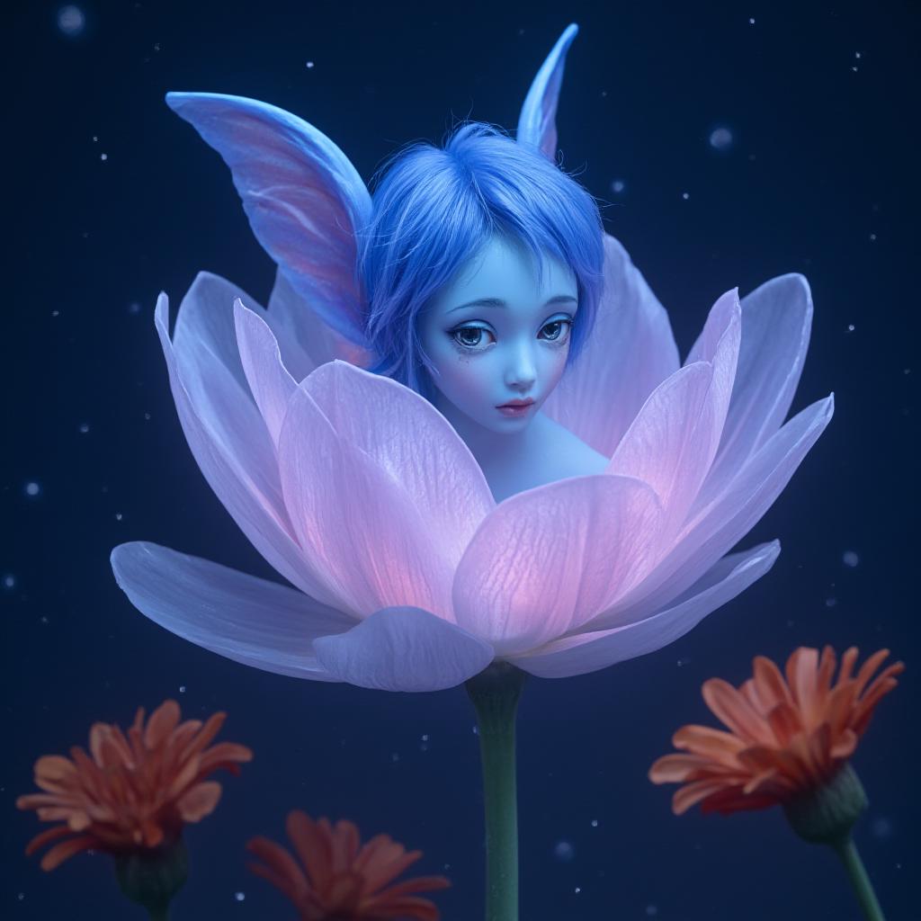  detail, photo, cinscene, dreamwalking a small blue fairy with large ears sitting inside a glowing translucent flower, with a dark blue background and orange flowers in the foreground, the fairy is glowing with blue light, the flower is glowing with pink and purple light. the background is full of small white stars. the fairy has a sad expression. the image should be in a realistic style.