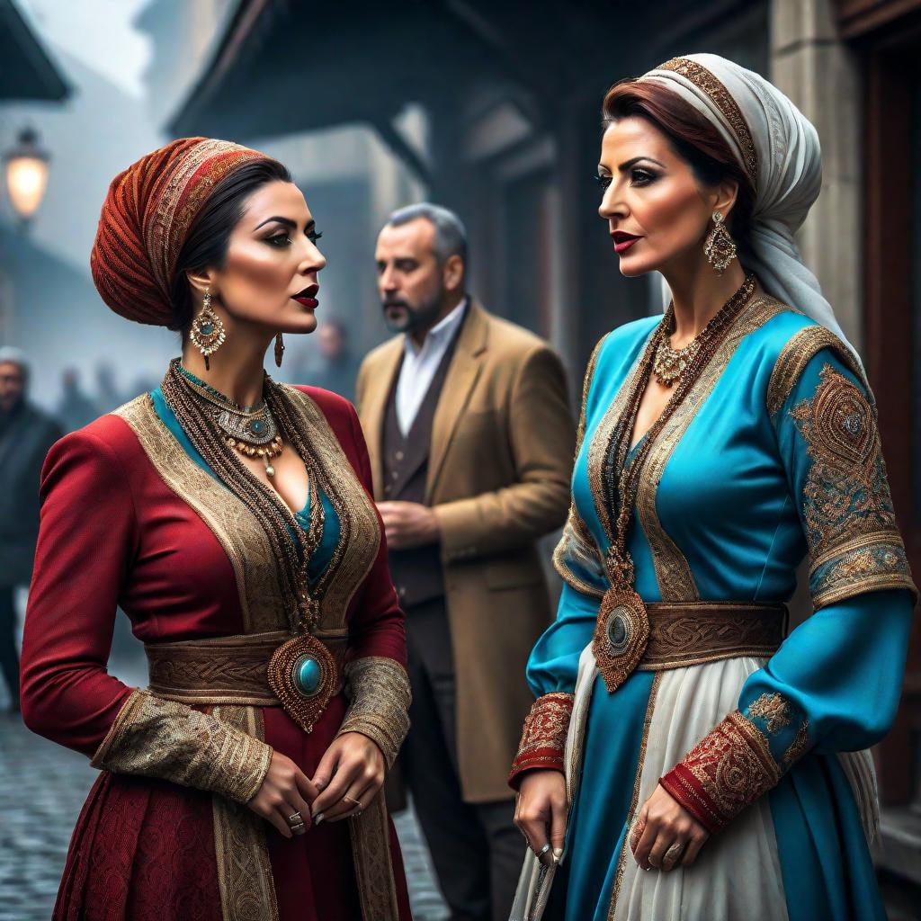  Gossiping Turkish women hyperrealistic, full body, detailed clothing, highly detailed, cinematic lighting, stunningly beautiful, intricate, sharp focus, f/1. 8, 85mm, (centered image composition), (professionally color graded), ((bright soft diffused light)), volumetric fog, trending on instagram, trending on tumblr, HDR 4K, 8K