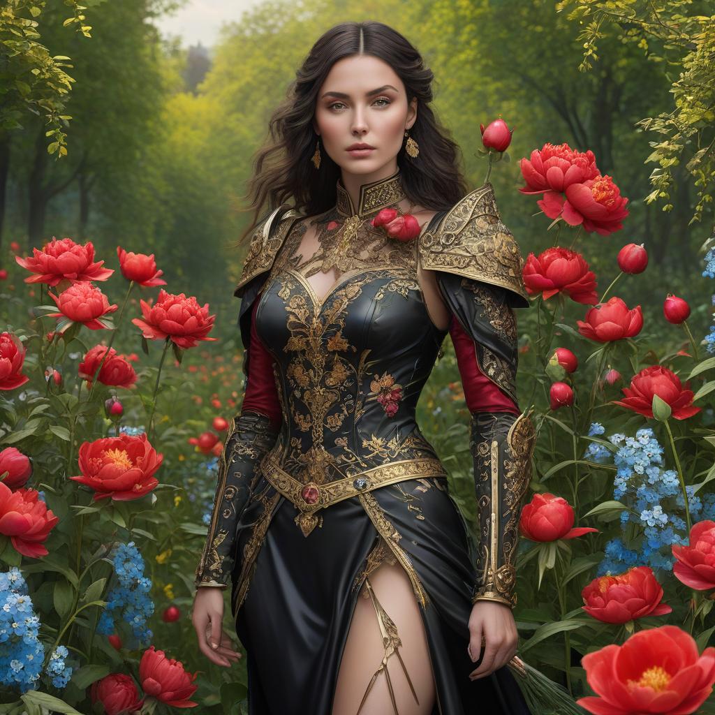  A girl with a sword in her hand. A black sword with gold details. Fire. The rigor of the lines. Power. The sword gives off electric shocks. Highly detailed, highly detailed, highly detailed image and all details. ((Sparkling rim)): spring field, hyacinths, roses, rosehips, rose hips, peonies, cherry tree, yellow, red, black flowers, forget me nots. Nature in the background, spring, delight. Luxury, richness. High quality. Swarovski, pandora. The Emerald Palace, the towers. Holobue sky. Golden spires, Gothic style. Fantasy, fairy tale. Poppy field in front of palace. Emerald stones, Green Alley.Luxury, wealth. spring field, hyacinths, roses, rosehips, rose hips, peonies, cherry tree, yellow, red, black flowers, forget me nots. Honoré Farg hyperrealistic, full body, detailed clothing, highly detailed, cinematic lighting, stunningly beautiful, intricate, sharp focus, f/1. 8, 85mm, (centered image composition), (professionally color graded), ((bright soft diffused light)), volumetric fog, trending on instagram, trending on tumblr, HDR 4K, 8K