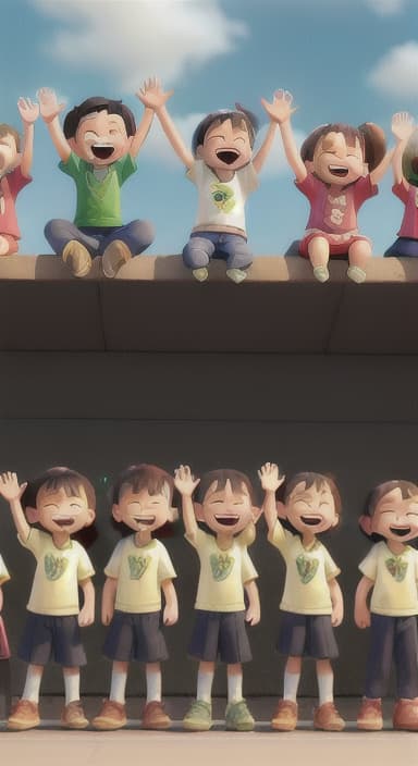  {A heartwarming scene of all the children waving goodbye with happy expressions., Children waving with wide smiles, looking grateful and content.