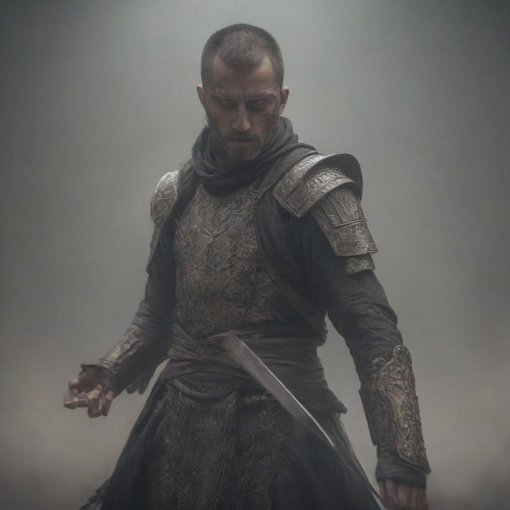  gothic style Warrior monk, with a black sash on his eyes, a long sword in his hands, and a patterned steel armor. . dark, mysterious, haunting, dramatic, ornate, detailed hyperrealistic, full body, detailed clothing, highly detailed, cinematic lighting, stunningly beautiful, intricate, sharp focus, f/1. 8, 85mm, (centered image composition), (professionally color graded), ((bright soft diffused light)), volumetric fog, trending on instagram, trending on tumblr, HDR 4K, 8K