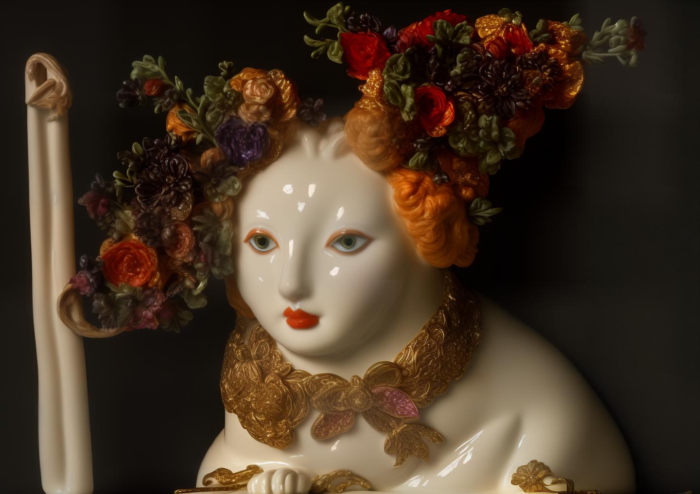  PHOTOGRAPH of a bright, Colorful and Shiny (((Meissen Porcelain CAT))) with a (((GLITTERY HAT))), (((curly sculptural Porcelain hair))) perfect torso, looking at the viewer, on a black background, Stunning Masterpiece, Wide angle, 3:2 aspect radio, with perfect expression and facial structure, LARGE EYES, in the style of FRAGONARD, ultra sharp focus, 8k, big dark eyes, closed mouth, (((45 degree light))),  hyperrealistic, full body, detailed clothing, highly detailed, cinematic lighting, stunningly beautiful, intricate, sharp focus, f/1. 8, 85mm, (centered image composition), (professionally color graded), ((bright soft diffused light)), volumetric fog, trending on instagram, trending on tumblr, HDR 4K, 8K