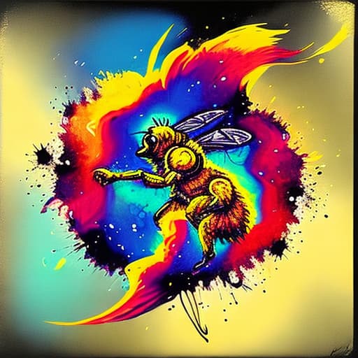  colorful fire supernova exploding color flames grenade explosion making the shape of a realistic honey bee, high contrast explosion against black background, splatter painting, dynamic pose, broad strokes; mixed media alcohol ink watercolor, dynamic lighting, dramatic scene, album cover art; maximalism,