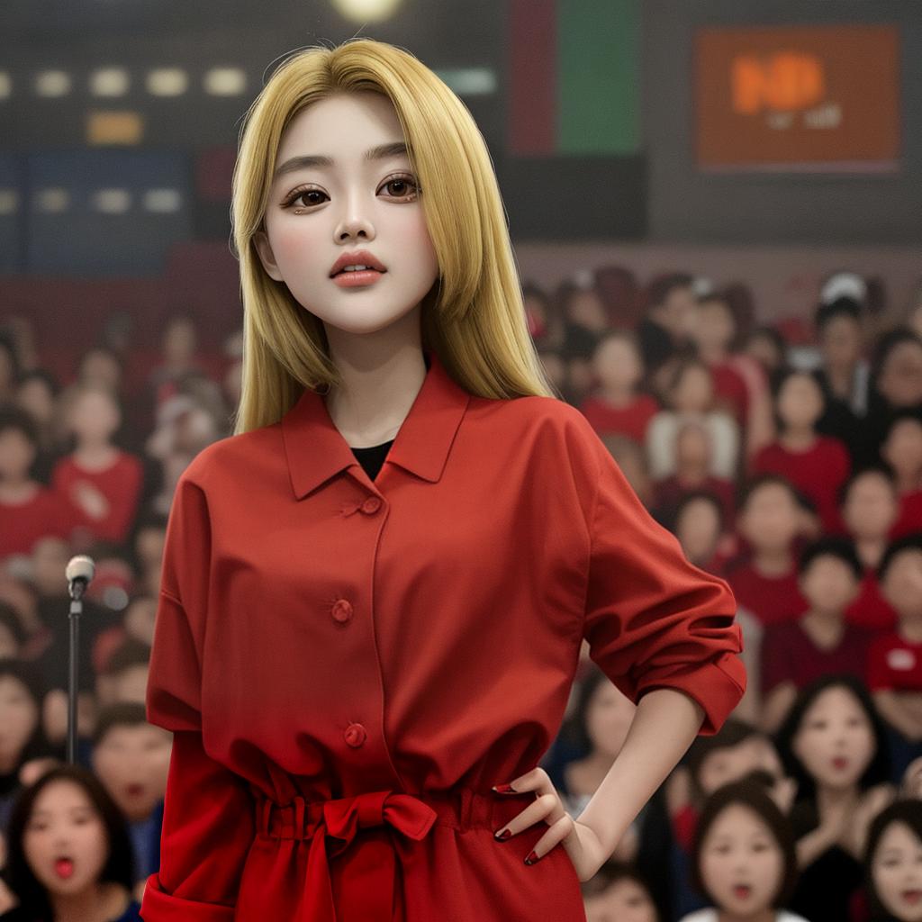  masterpiece, best quality, blonde foreign beauty, big eyes, double eyelids, tall b beam small mouth, wearing red clothes, facing the audience, with a microphone in front of the face, background city, mid ground, top quality, best quality, 8 k resolution